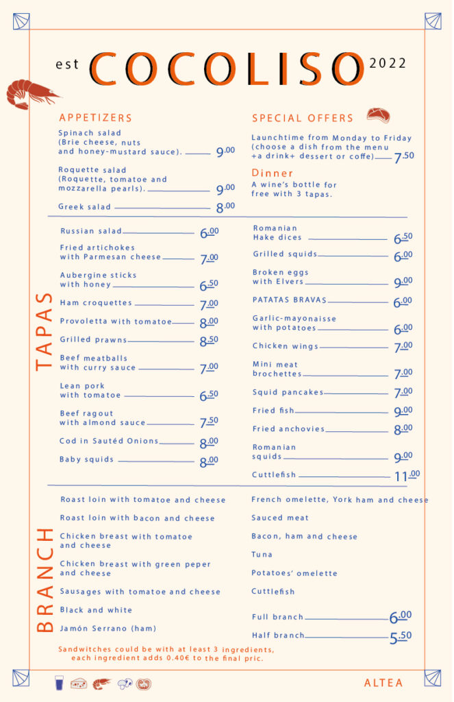 Menu cocoliso bar altea en ingles.