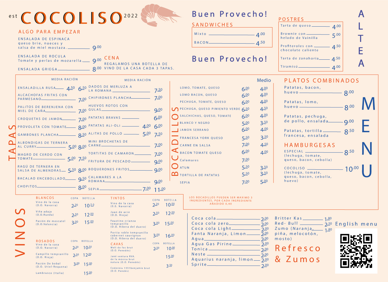 Carta de precios de cocoliso bar altea alicante